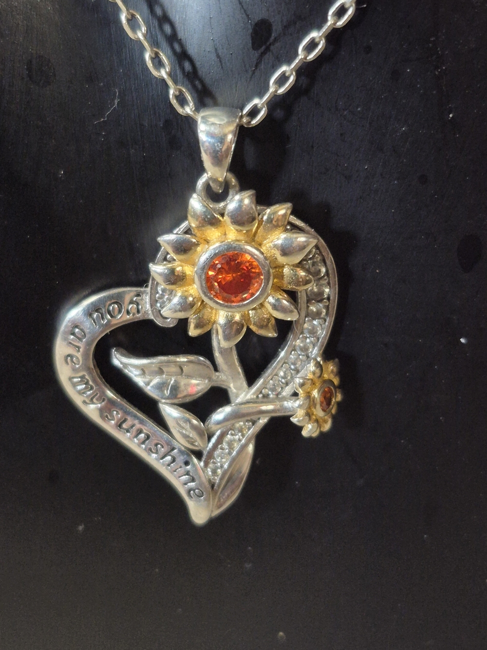 925 Sunflower Heart Pendant Necklace "You Are My Sunshine"